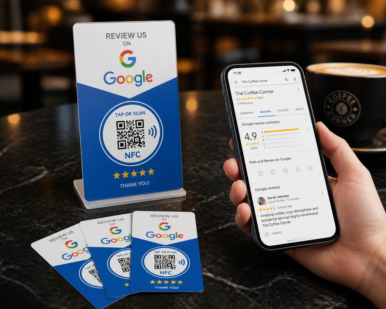 Premium Google Review Cards and Display Stand on a modern desk